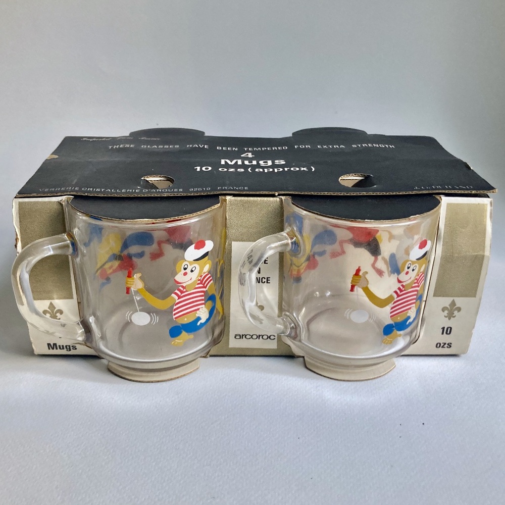 Vintage Boxed Set of Arcoroc Glass Cartoon Drinking Mugs, 1960's